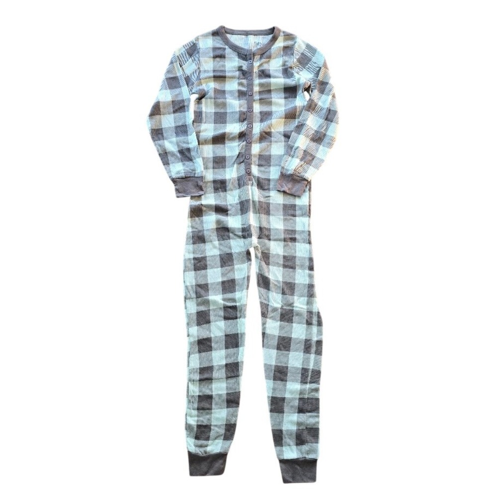 #followme Thermal Pajama‎ Jumpsuit Women XS Mint Gray Buffalo Plaid Cabin Cozy